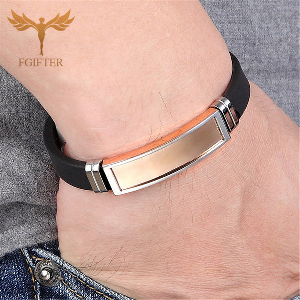 High Quality Bracelet Bangle Black Rubber Belt Cuff Bracelets Rose Gold Stainless Steel Geometric Accessory Women Men Jewelry