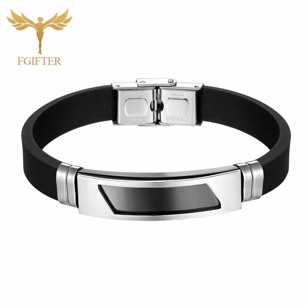 High Quality Bracelet Bangle Black Rubber Belt Cuff Bracelets Rose Gold Stainless Steel Geometric Accessory Women Men Jewelry