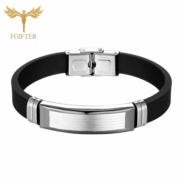High Quality Bracelet Bangle Black Rubber Belt Cuff Bracelets Rose Gold Stainless Steel Geometric Accessory Women Men Jewelry
