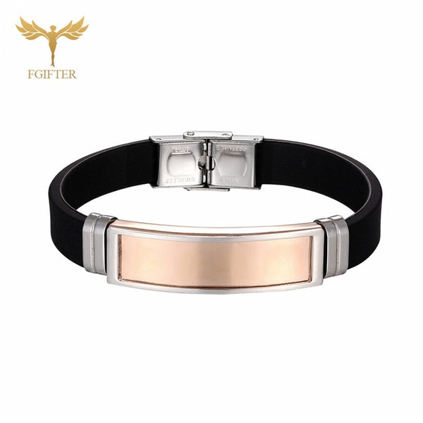 High Quality Bracelet Bangle Black Rubber Belt Cuff Bracelets Rose Gold Stainless Steel Geometric Accessory Women Men Jewelry