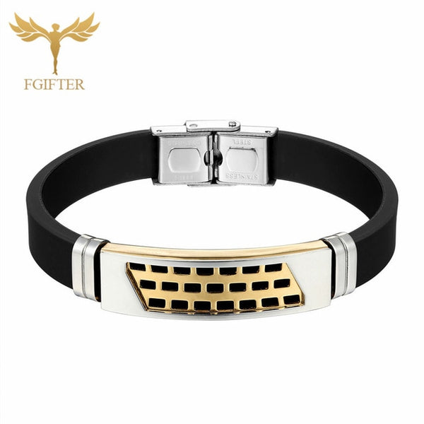 High Quality Bracelet Bangle Black Rubber Belt Cuff Bracelets Rose Gold Stainless Steel Geometric Accessory Women Men Jewelry