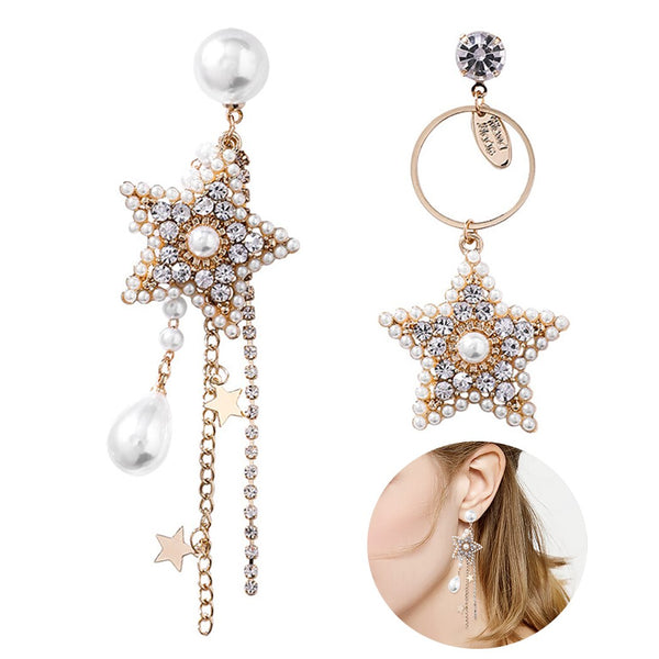 Womens Shinning Pearl Earrings Rhinestone Pearl Star Fashion Dangle Earrings Pentagram Earrings Luxury Wedding Jwelery