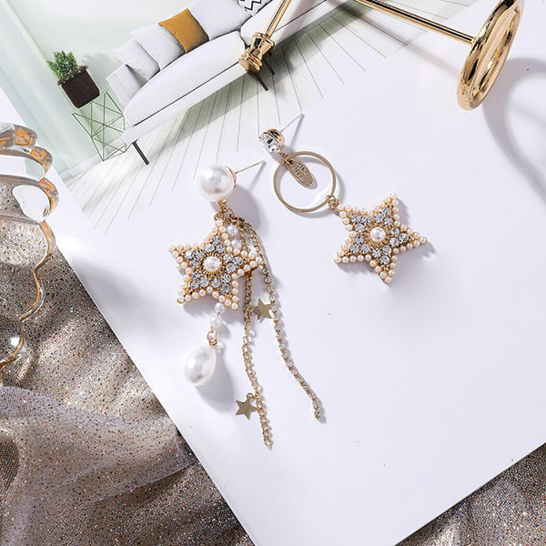 Womens Shinning Pearl Earrings Rhinestone Pearl Star Fashion Dangle Earrings Pentagram Earrings Luxury Wedding Jwelery