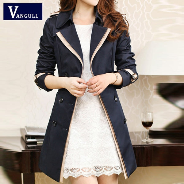 Fashion Women Thin Trench Coat Turn-down Collar Double Breasted Patchwork Long Trench