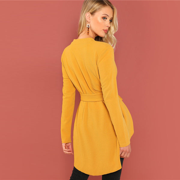 SHEIN Ginger Office Lady Elegant Asymmetrical Hem V neck Belted Solid Coat  Fashion Women Coats Outerwear