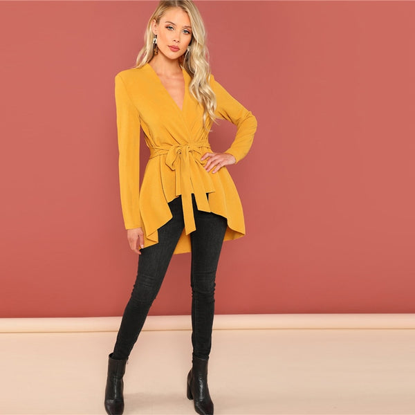 SHEIN Ginger Office Lady Elegant Asymmetrical Hem V neck Belted Solid Coat  Fashion Women Coats Outerwear