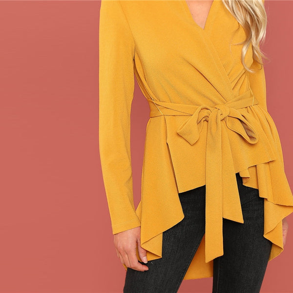 SHEIN Ginger Office Lady Elegant Asymmetrical Hem V neck Belted Solid Coat  Fashion Women Coats Outerwear