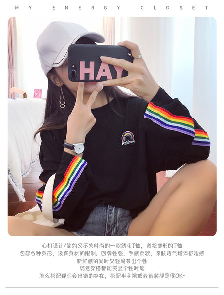 T-shirts Rainbow Striped Kawaii Long Sleeve Soft Loose Embroidery Korean Style