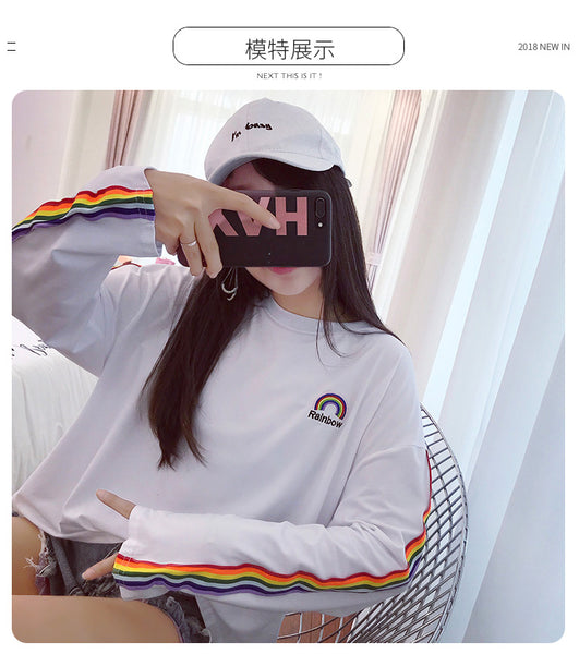 T-shirts Rainbow Striped Kawaii Long Sleeve Soft Loose Embroidery Korean Style