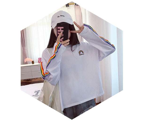 T-shirts Rainbow Striped Kawaii Long Sleeve Soft Loose Embroidery Korean Style