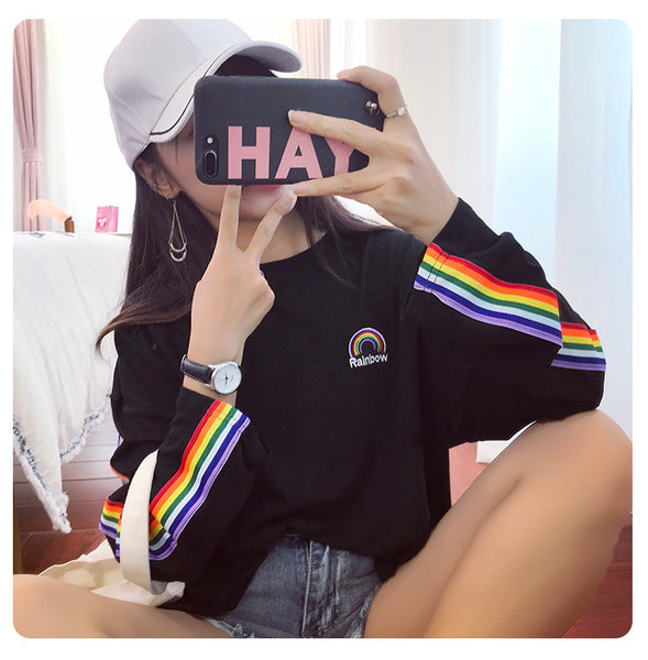 T-shirts Rainbow Striped Kawaii Long Sleeve Soft Loose Embroidery Korean Style