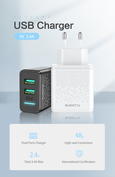 FLOVEME Dual USB Charger 5V 2.4A Fast Charging Wall Charger Adapter EU Plug Mobile Phone