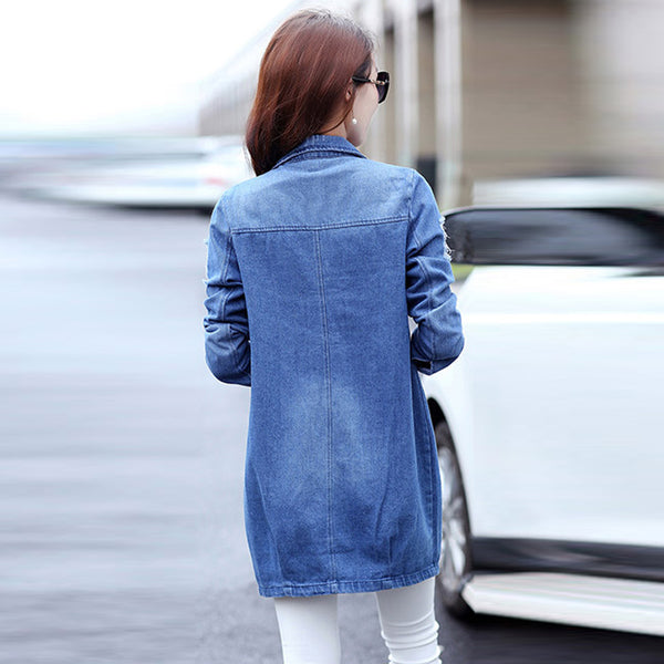 Long Denim Jacket  Women Vintage Slim Autumn Winter Outerwear Fashion Single Breasted Bomber Jackets Overcoat