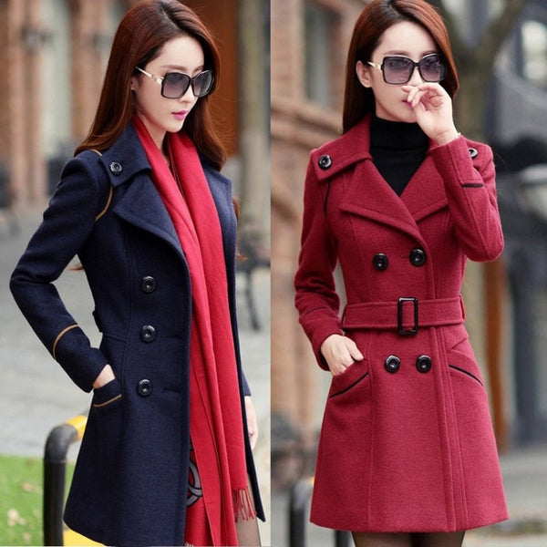Fashion Solid Winter Woolen Coats For Women Double Breasted Overcoat Turn-down Collar Slim
