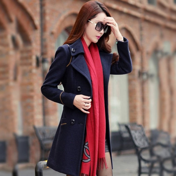 Fashion Solid Winter Woolen Coats For Women Double Breasted Overcoat Turn-down Collar Slim