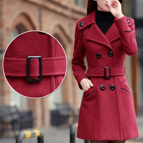 Fashion Solid Winter Woolen Coats For Women Double Breasted Overcoat Turn-down Collar Slim