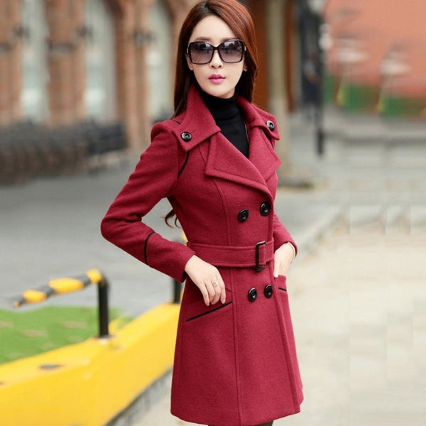 Fashion Solid Winter Woolen Coats For Women Double Breasted Overcoat Turn-down Collar Slim