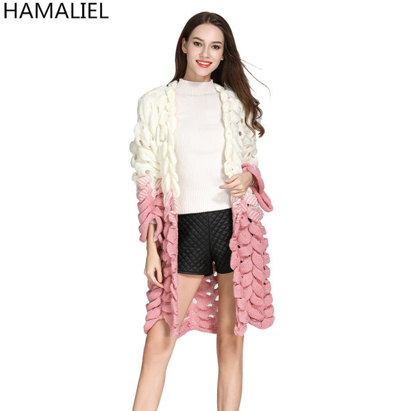 HAMALIEL New Fashion Women Long Cardigans  Fall Winter Knitting Long Sleeve Hollow Out Pink Patchwork