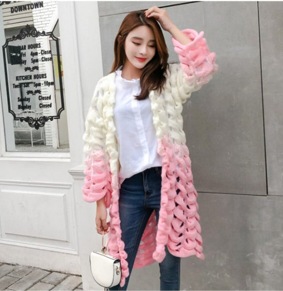 HAMALIEL New Fashion Women Long Cardigans  Fall Winter Knitting Long Sleeve Hollow Out Pink Patchwork