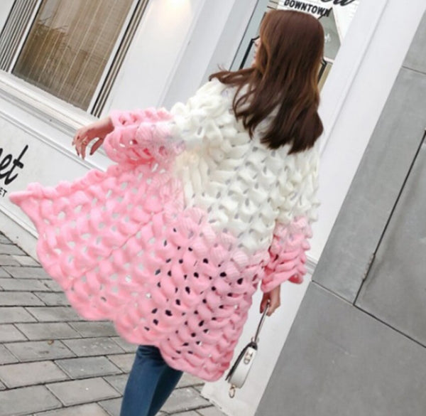HAMALIEL New Fashion Women Long Cardigans  Fall Winter Knitting Long Sleeve Hollow Out Pink Patchwork