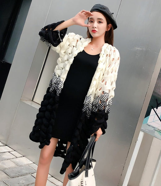 HAMALIEL New Fashion Women Long Cardigans  Fall Winter Knitting Long Sleeve Hollow Out Pink Patchwork