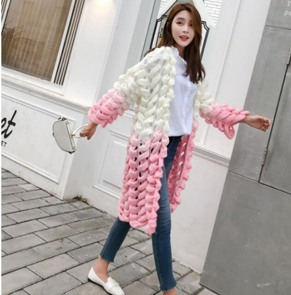 HAMALIEL New Fashion Women Long Cardigans  Fall Winter Knitting Long Sleeve Hollow Out Pink Patchwork