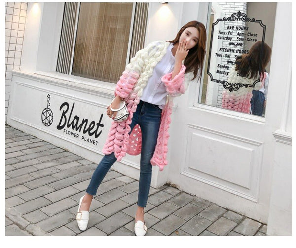 HAMALIEL New Fashion Women Long Cardigans  Fall Winter Knitting Long Sleeve Hollow Out Pink Patchwork