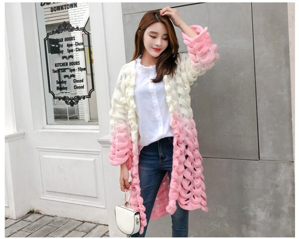 HAMALIEL New Fashion Women Long Cardigans  Fall Winter Knitting Long Sleeve Hollow Out Pink Patchwork