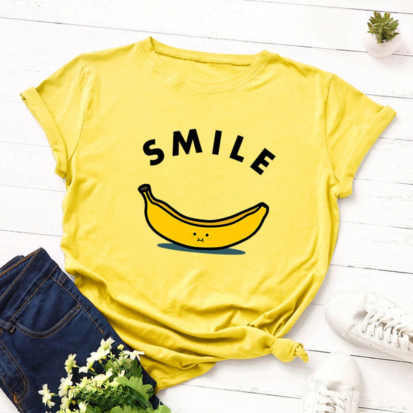 Women T-shirt Letter Smile Cotton Short Sleeve Tee  Fruit Banana