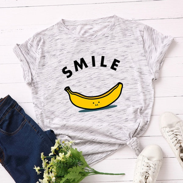 Women T-shirt Letter Smile Cotton Short Sleeve Tee  Fruit Banana