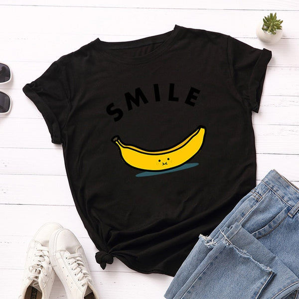 Women T-shirt Letter Smile Cotton Short Sleeve Tee  Fruit Banana