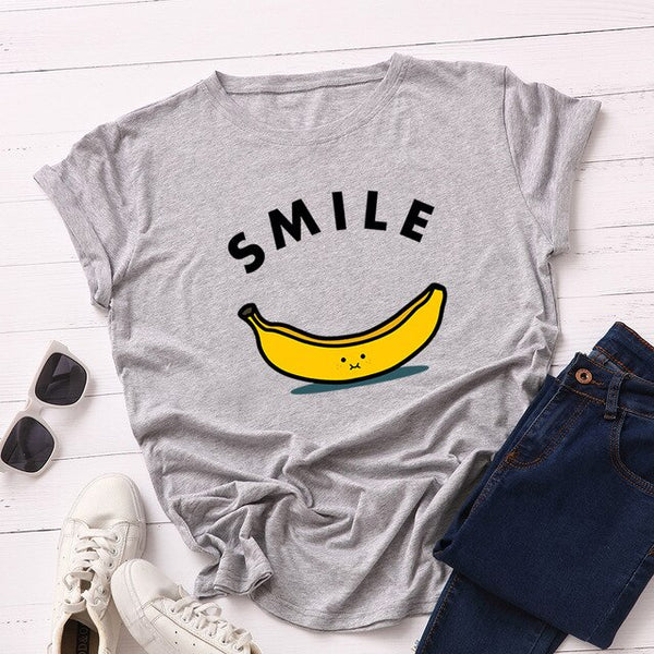 Women T-shirt Letter Smile Cotton Short Sleeve Tee  Fruit Banana