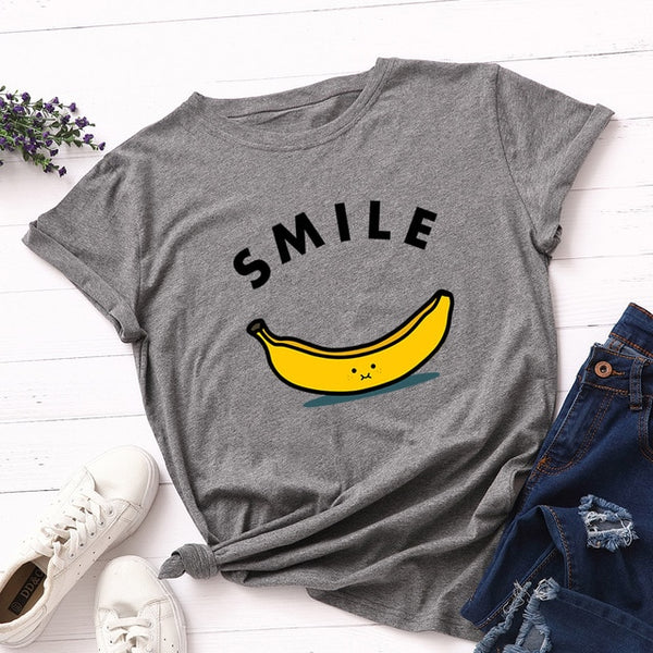 Women T-shirt Letter Smile Cotton Short Sleeve Tee  Fruit Banana