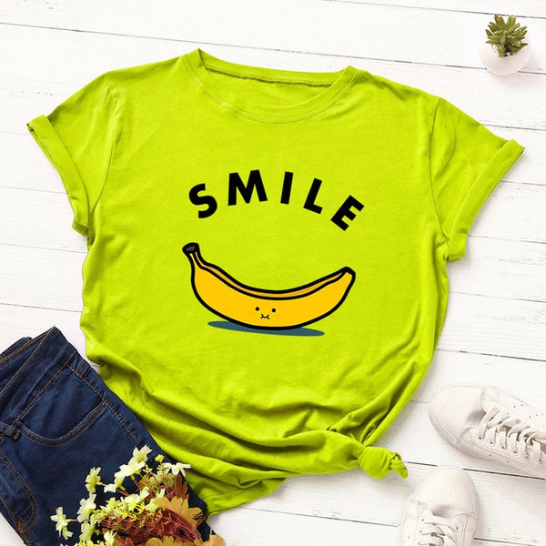 Women T-shirt Letter Smile Cotton Short Sleeve Tee  Fruit Banana