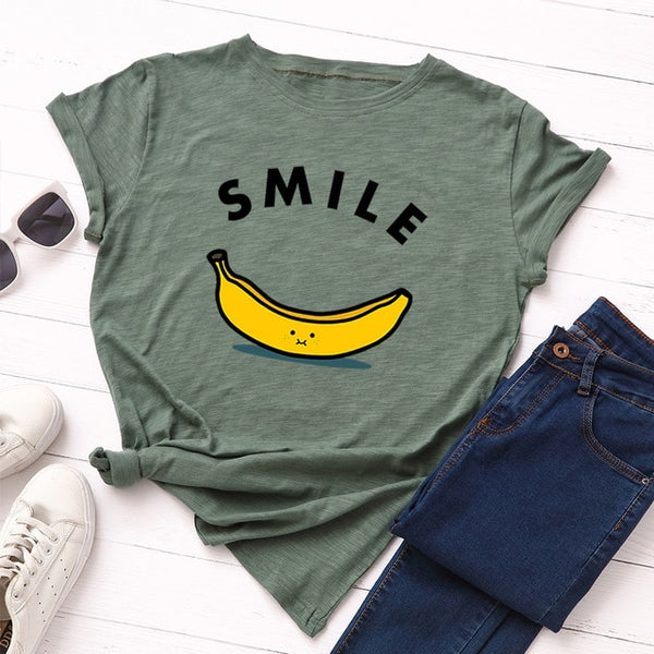 Women T-shirt Letter Smile Cotton Short Sleeve Tee  Fruit Banana
