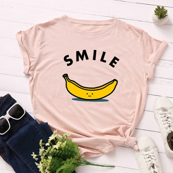 Women T-shirt Letter Smile Cotton Short Sleeve Tee  Fruit Banana