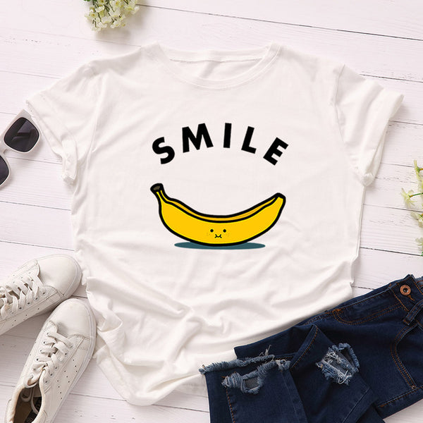 Women T-shirt Letter Smile Cotton Short Sleeve Tee  Fruit Banana