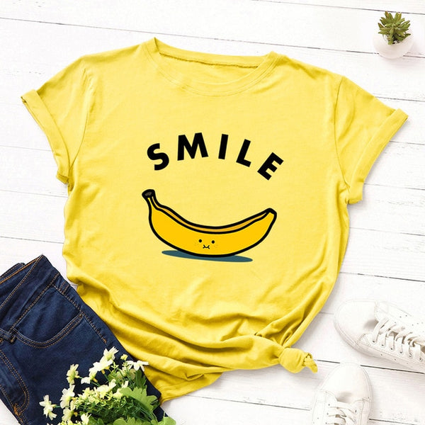 Women T-shirt Letter Smile Cotton Short Sleeve Tee  Fruit Banana