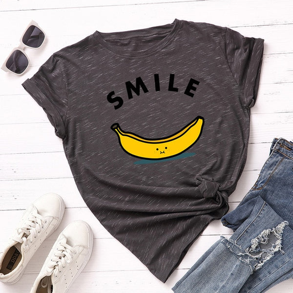 Women T-shirt Letter Smile Cotton Short Sleeve Tee  Fruit Banana