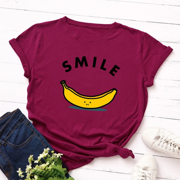 Women T-shirt Letter Smile Cotton Short Sleeve Tee  Fruit Banana