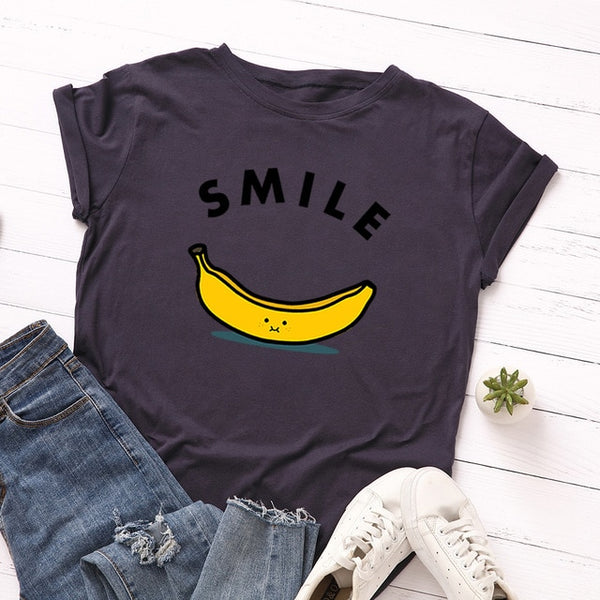 Women T-shirt Letter Smile Cotton Short Sleeve Tee  Fruit Banana