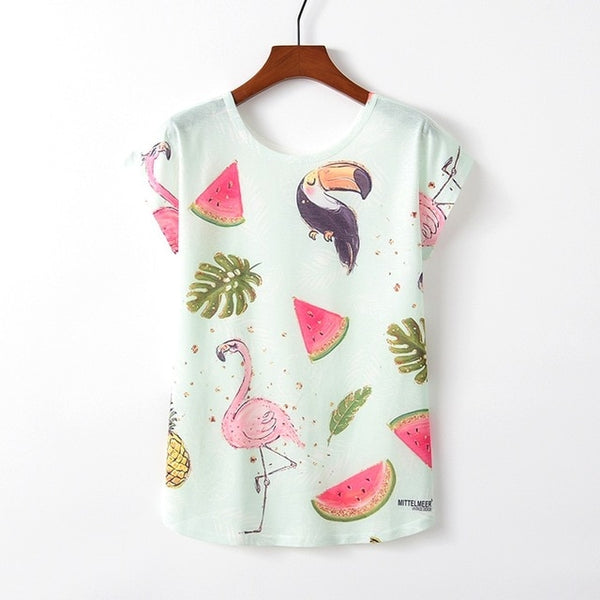 Summer Autumn Women Cute Style Bird Print Loose