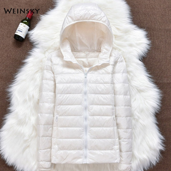 Winter Women Ultralight Thin Down Jacket White Duck Down Hooded Jackets Long Sleeve