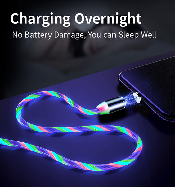 LED Glow Flowing Magnetic Charger Cable Luminous Lighting Fast Charging Micro USB Type C