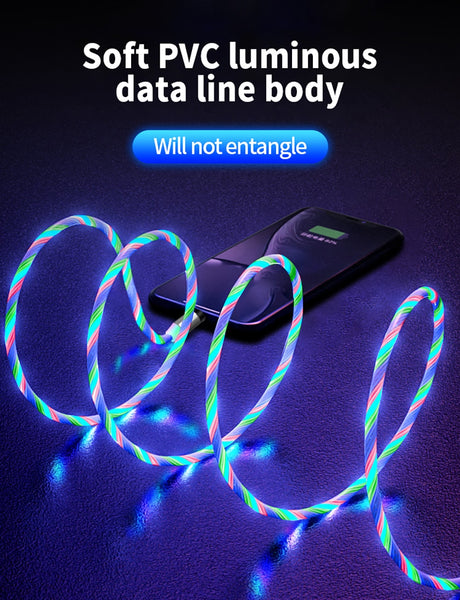 LED Glow Flowing Magnetic Charger Cable Luminous Lighting Fast Charging Micro USB Type C