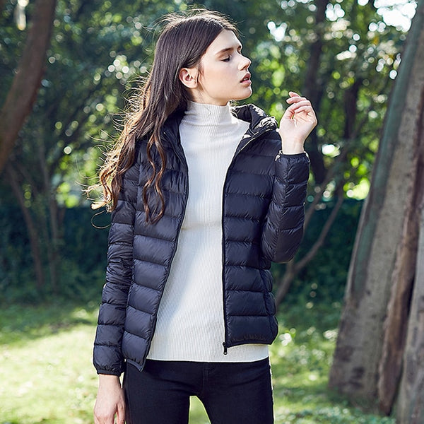 Down jacket women hooded ultra thin 90% Ultra Light duck down coat Female winter large sizes Solid Portable
