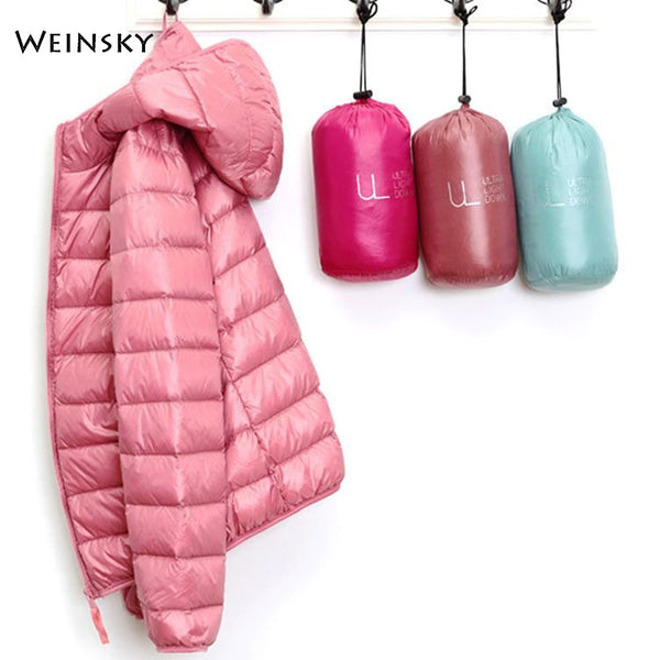 Winter Women Ultralight Thin Down Jacket White Duck Down Hooded Jackets Long Sleeve