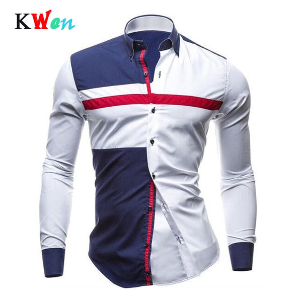 Spring Men Casual shirt Fashion Patchwork Long Sleeve