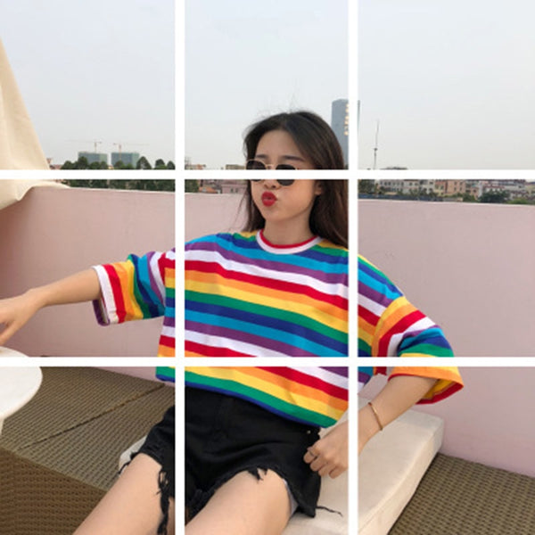 Spring And Summer New Personality Rainbow Striped O-Neck Casual