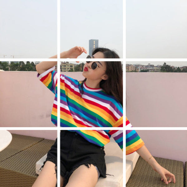 Spring And Summer New Personality Rainbow Striped O-Neck Casual